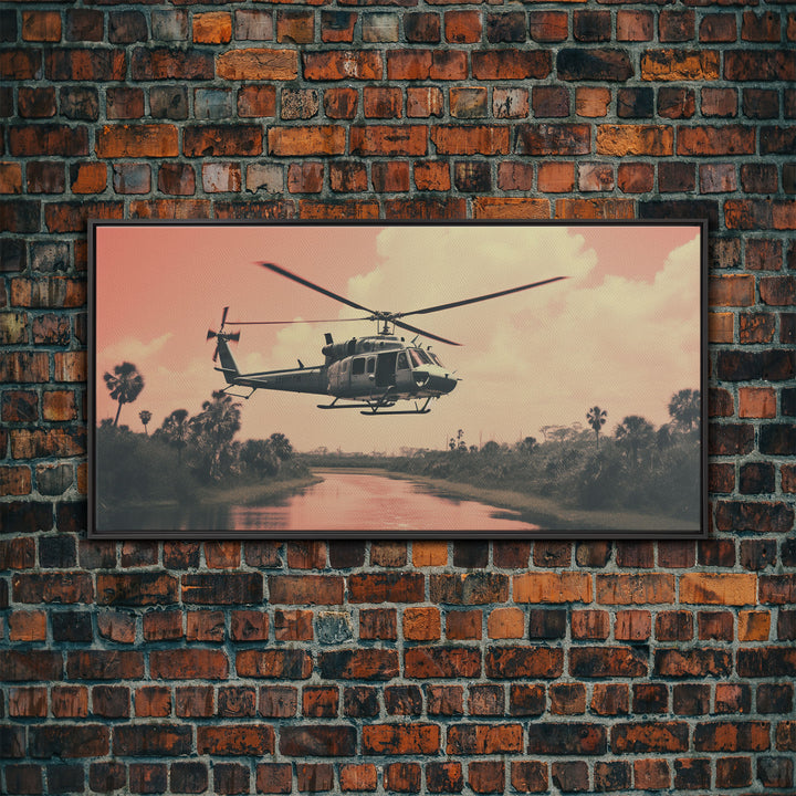 Vaporwave Huey Helicopter Over Vietnam, Framed Canvas Print, Military / War Art, Gift For Veteran, Hot LZ