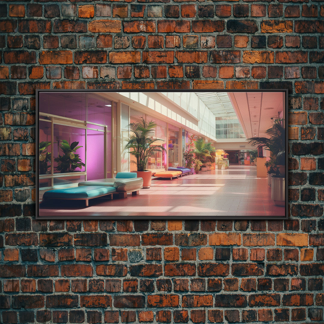 The Mall Before Opening On A Saturday Morning, Framed Canvas Print, Retro Vaporwave Aesthetic 1980s Vibes Wall Art