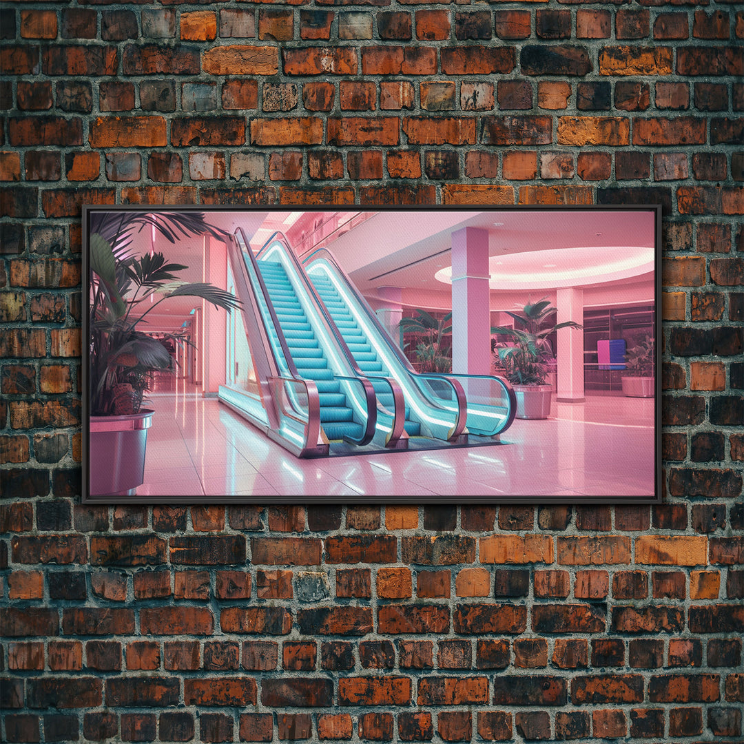 The Mall Before Opening On A Saturday Morning, Framed Canvas Print, Retro Vaporwave Aesthetic 1980s Vibes Wall Art