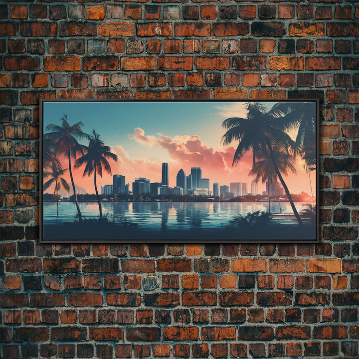 Miami Skyline At Sunrise, Framed Canvas Print, Vaporwave Aesthetic Wall Art, Framed Canvas Art, 1980s Art, Retro Decor