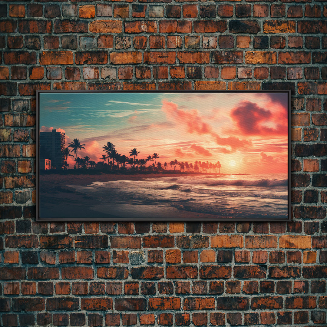 Sunset Over A Miami Beach, Framed Canvas Print, Vaporwave Wall Art, Retro 1980s Beach Art