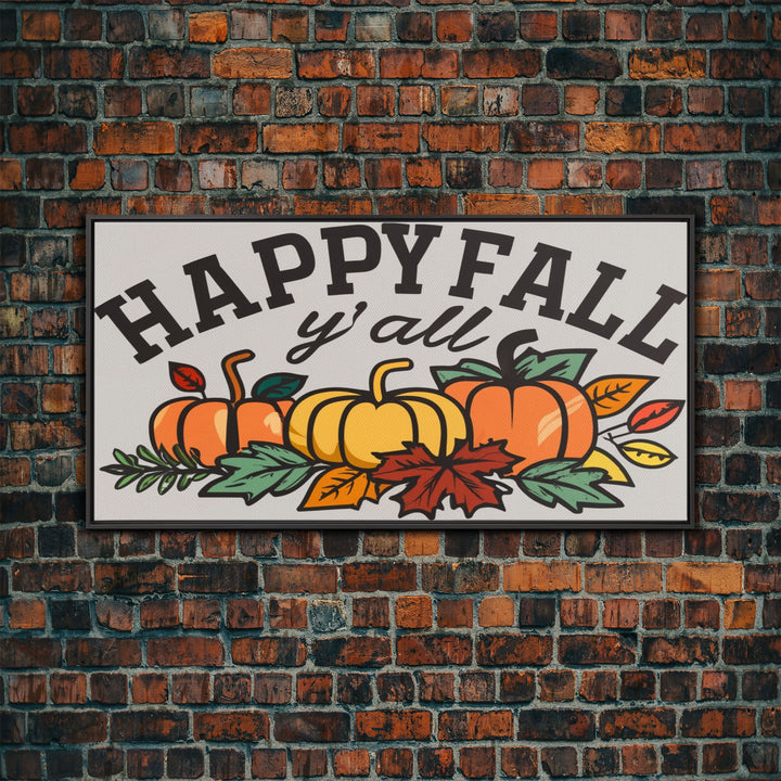 Happy Fall Y'all Typography Wall Art - Framed Canvas Print - Rustic Fall Sign - Thanksgiving Sign - Minimalist Farmhouse Primitive Art