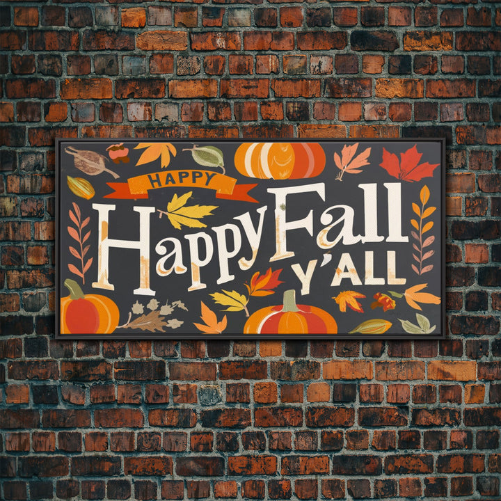 Happy Fall Y'all Typography Wall Art - Framed Canvas Print - Rustic Fall Sign - Thanksgiving Sign - Minimalist Farmhouse Primitive Art