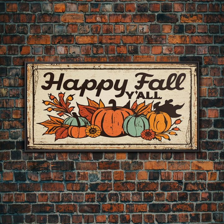 Happy Fall Y'all Typography Art, Rustic Farmhouse Decor, Framed Canvas Print, Canvas Sign, Fall Sign, Thanksgiving Sign Primitive Wall Art