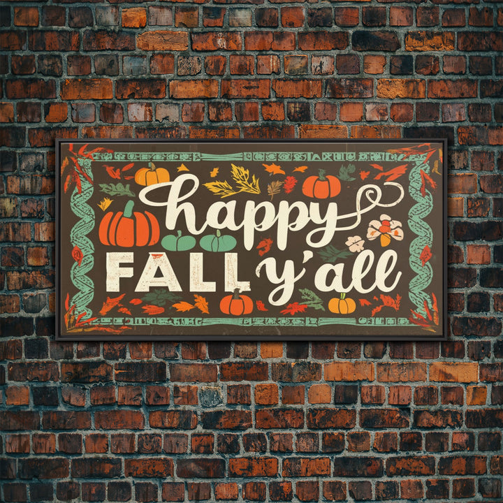 Happy Fall Y'all Typography Art, Rustic Farmhouse Decor, Framed Canvas Print, Canvas Sign, Fall Sign, Thanksgiving Sign Primitive Wall Art