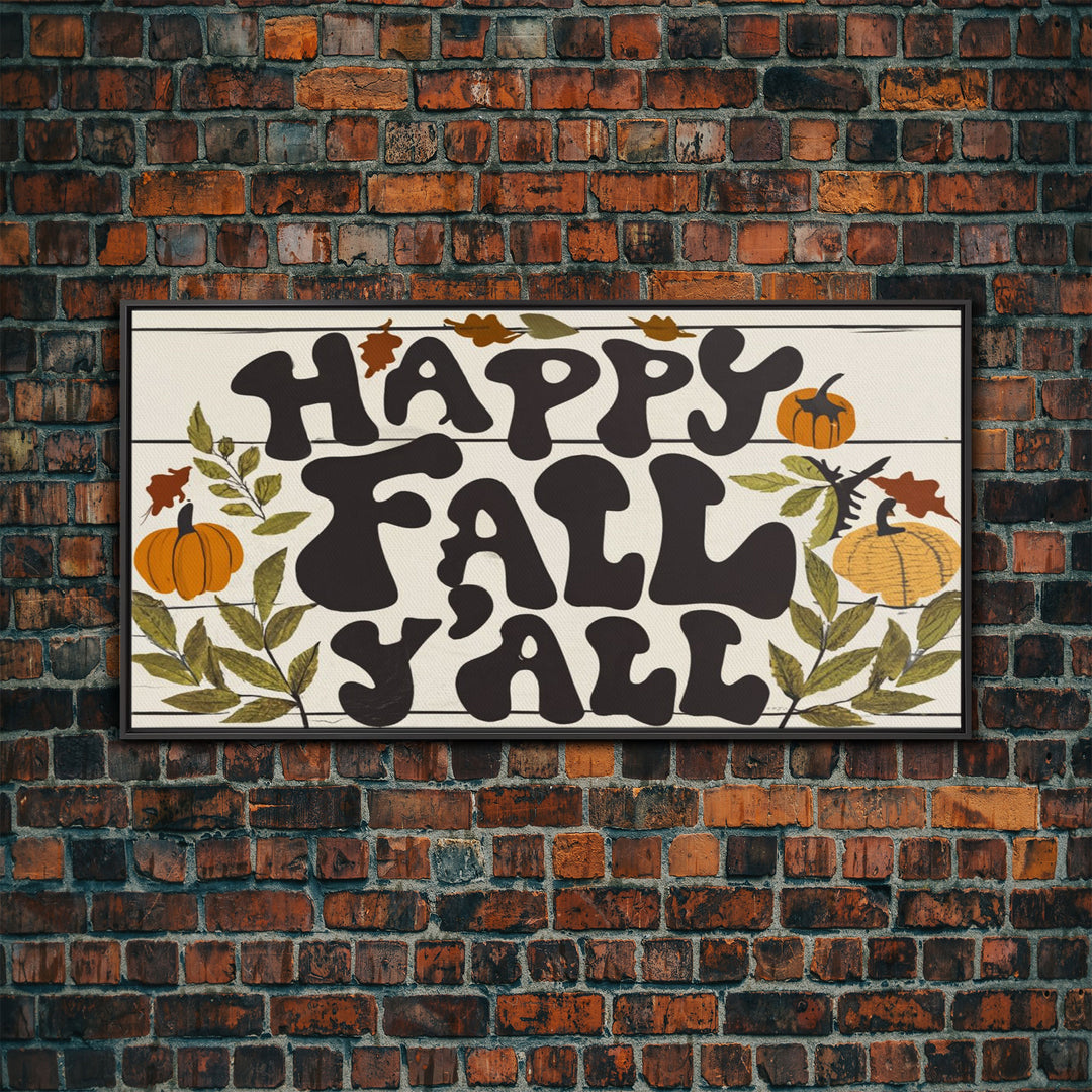 Happy Fall Y'all Typography Art, Modern Farmhouse Wall Decor, Dining Room Wall Sign Kitchen Decor Large Framed Canvas Print, Fall Wall Art