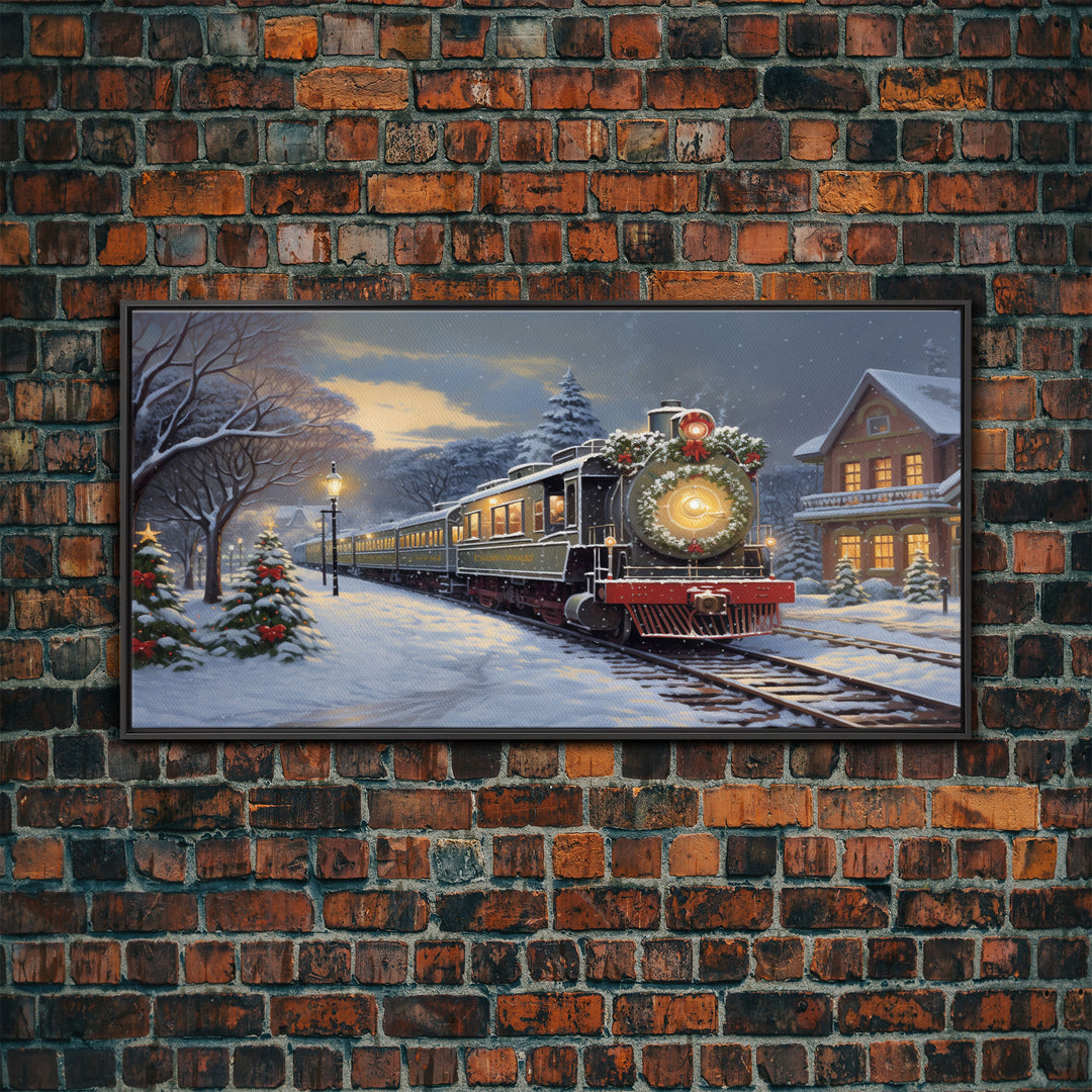 The Christmas Train Oil Painting Framed Canvas Print - Christmas Decor - Handmade Christmas Gift - Christmas Decoration Home Decor Wall Art