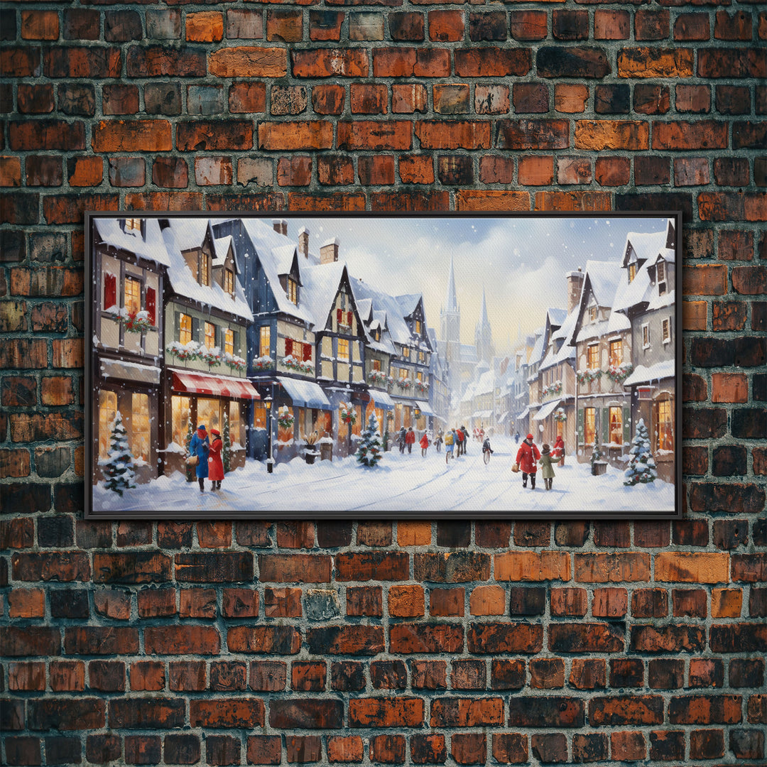 Winter Wonderland - Quaint European Village at Christmas Time - Framed Canvas Print - Christmas Decor