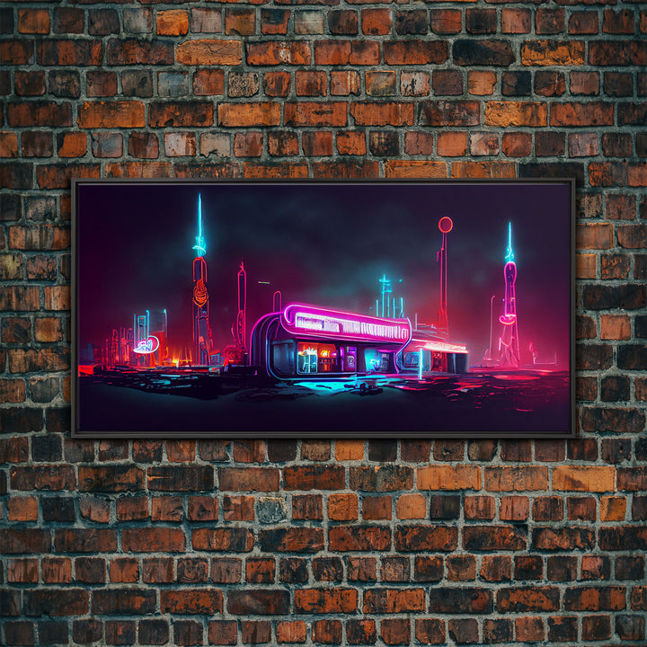 Neon Cyberpunk Diner, Retrofuturism, Framed Ready To Hang Canvas Print, beautiful wall art, guest room decor