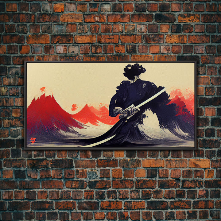 Japanese Samurai Superimposed Over Mountains, ready to hang canvas print wall art, framed canvas wall art, mancave wall art