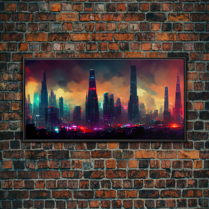 Dystopian Cyberpunk City, ready to hang canvas print wall art, framed canvas wall art, mancave wall art, Cyberpunk Art