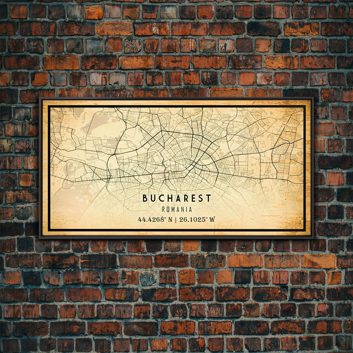 Vintage Style Bucharest City Map Wall Art Canvas Print, Distressed Bucharest Map, Framed Wall Art, Cool RomaniaTravel Wall Art, Office Art