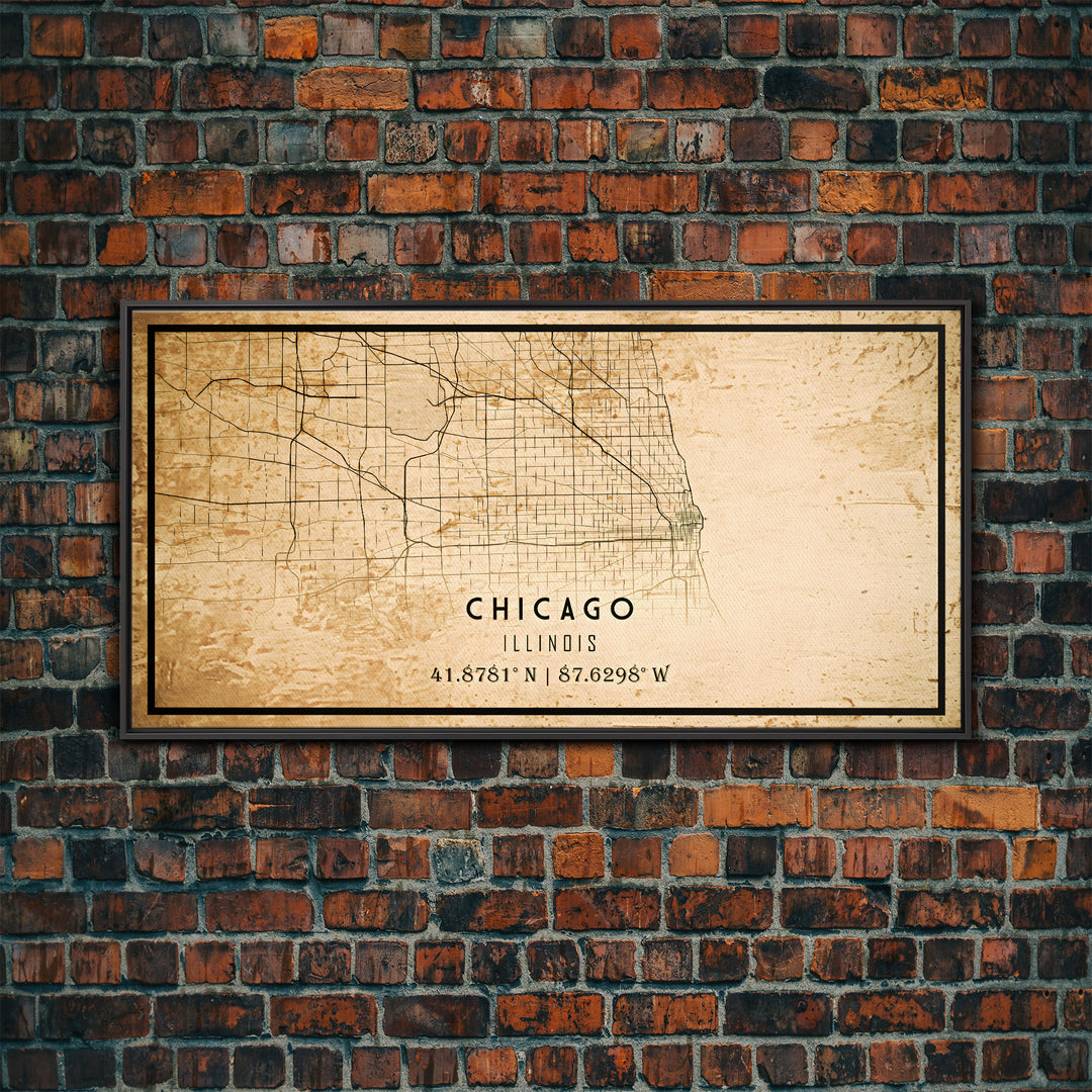 Distressed Chicago map print poster or framed canvas, Illinois road map print poster canvas, Chicago city map print poster canvas