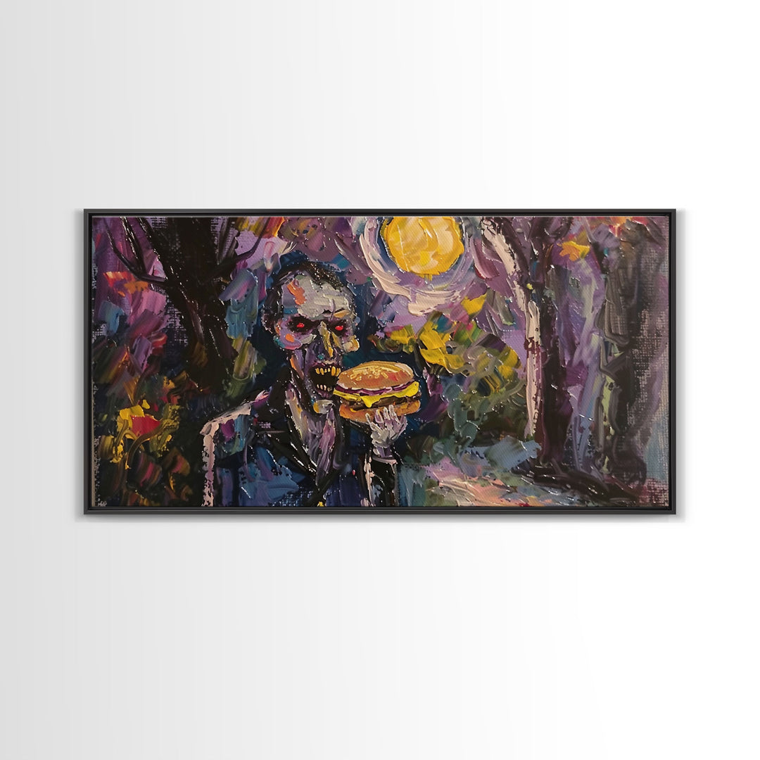 Vampire Having A Cheeseburger, Framed Canvas Print, Funny Halloween Decor