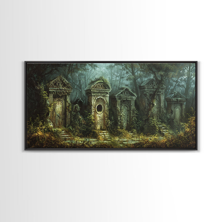 The Haunted Grave Yard, Spooky Season Framed Canvas Print, Halloween Decor, Spooky Vibes, Dark Academia Wall Art