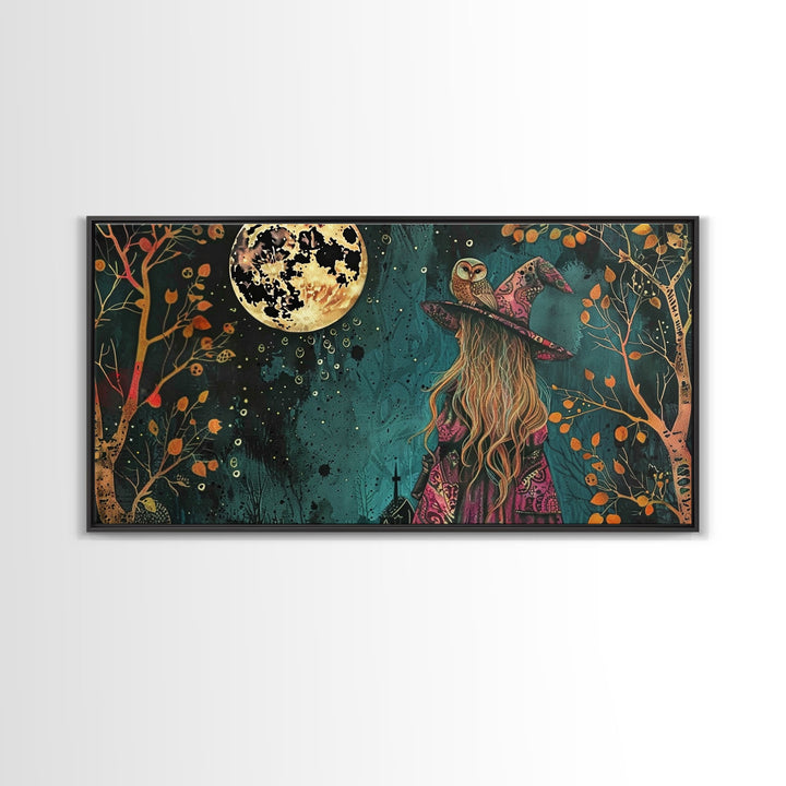 Victorian Witch and her Owl Familiar | Framed Canvas Print | Dark Academia Wall Art | Victorian Style Halloween Art