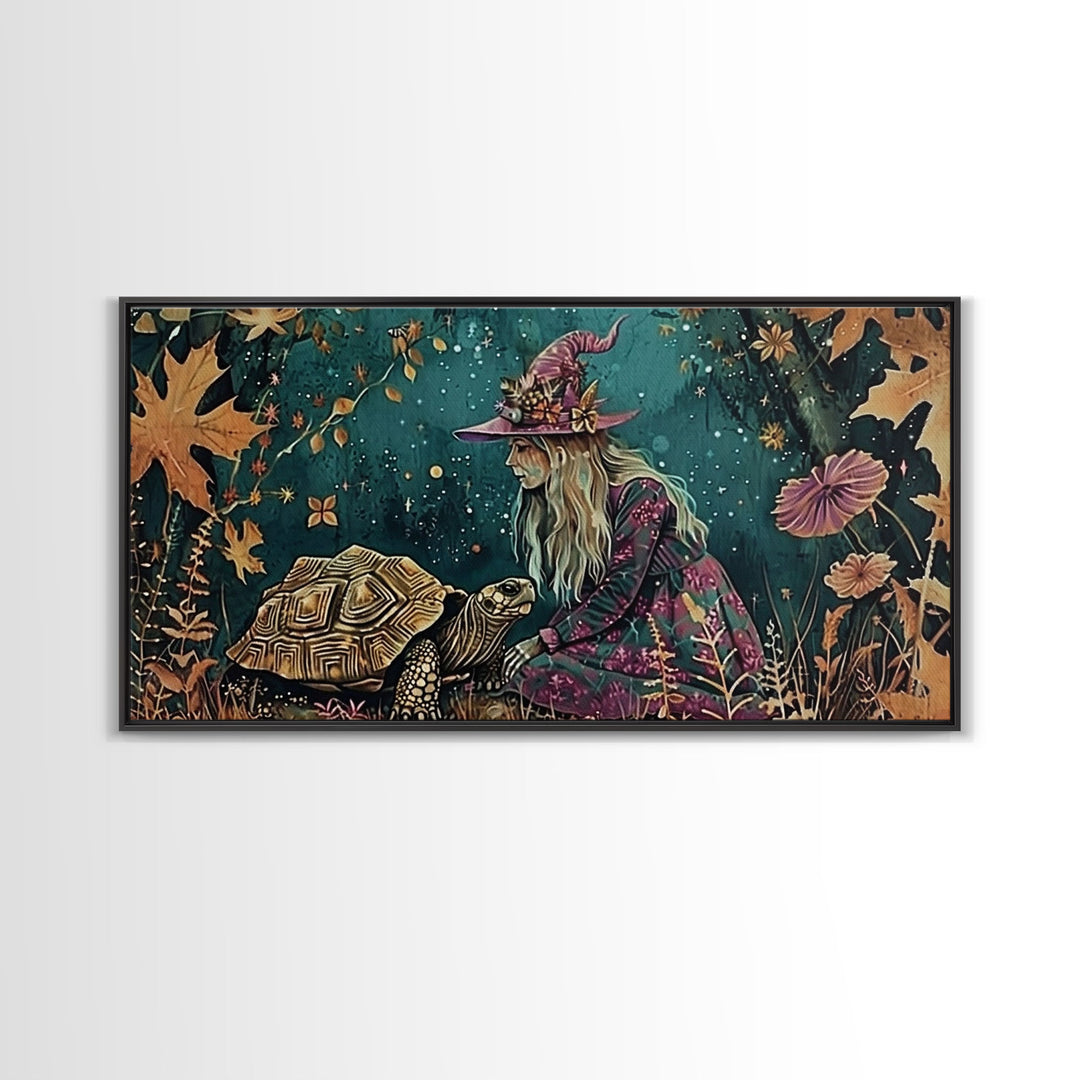 Victorian Witch and her Tortoise Familiar | Framed Canvas Print | Dark Academia Wall Art | Victorian Style Halloween Art