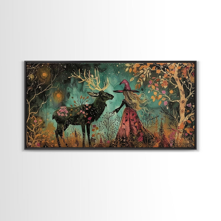 Victorian Witch and her Deer Familiar | Framed Canvas Print | Dark Academia Wall Art | Victorian Style Halloween Art