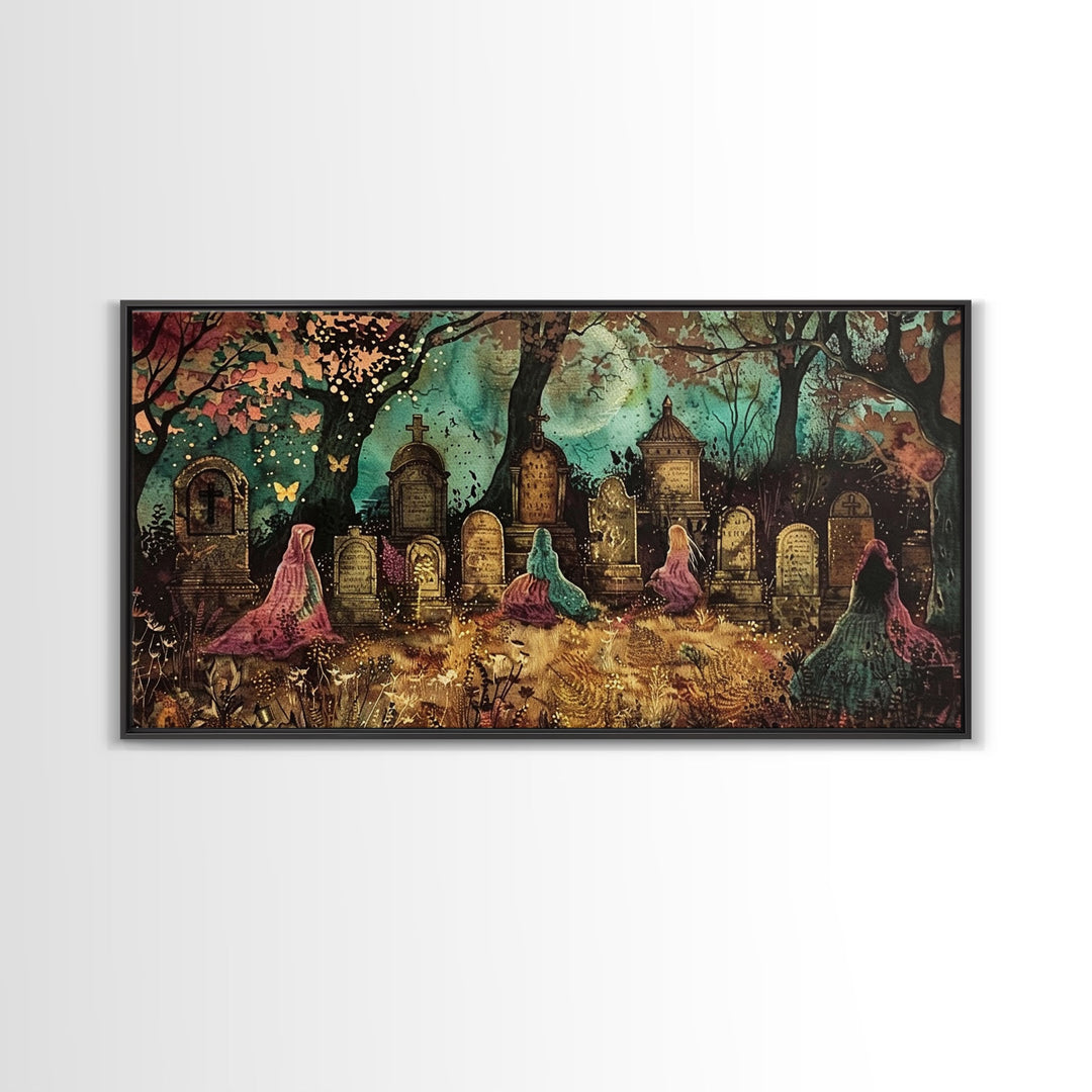 Spooktober Wall Art, Framed Canvas Print, Cottagecore Dark Academia Grave Yard Wall Art, Halloween Decor