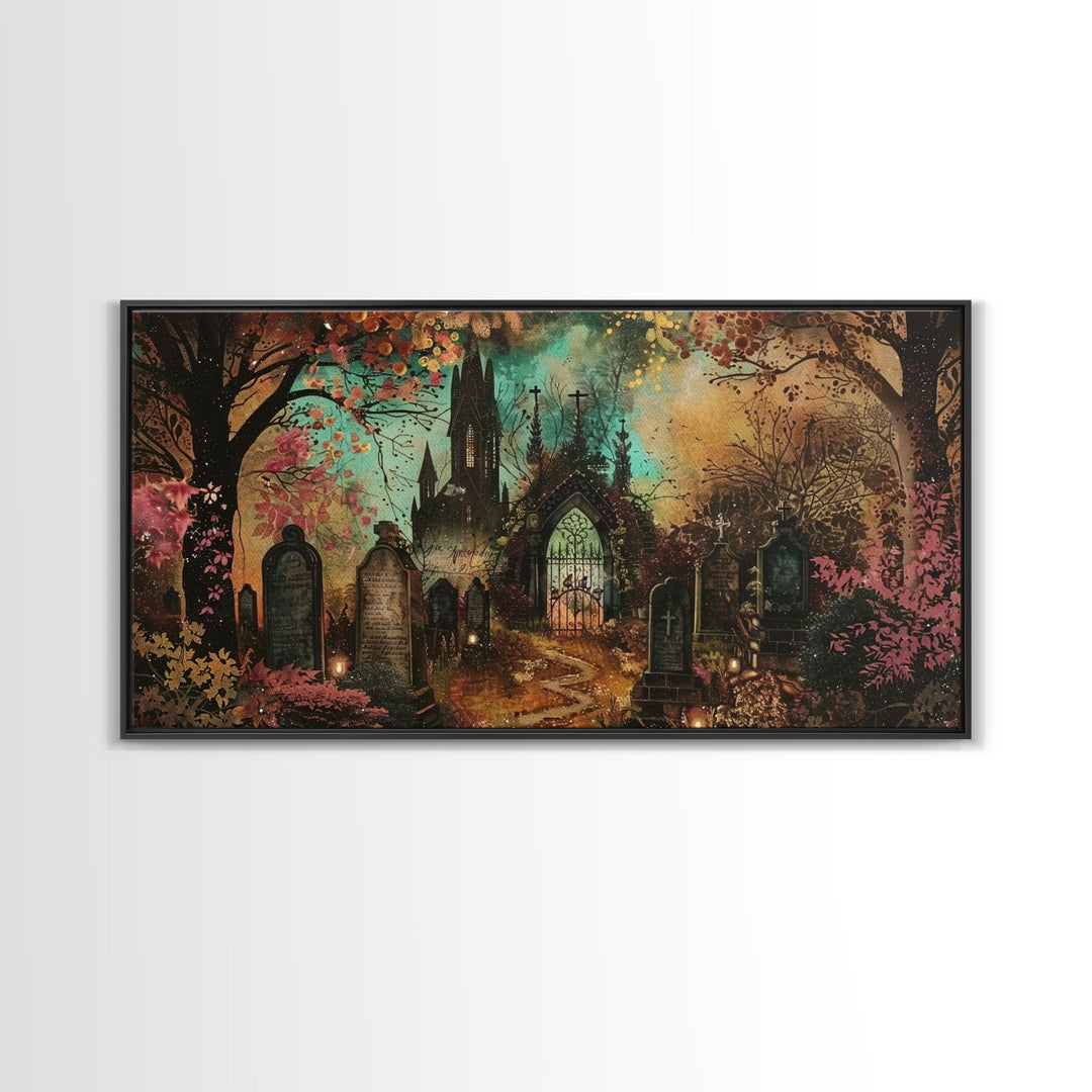 Ye Old Haunted Graveyard, Framed Canvas Print, Halloween Art