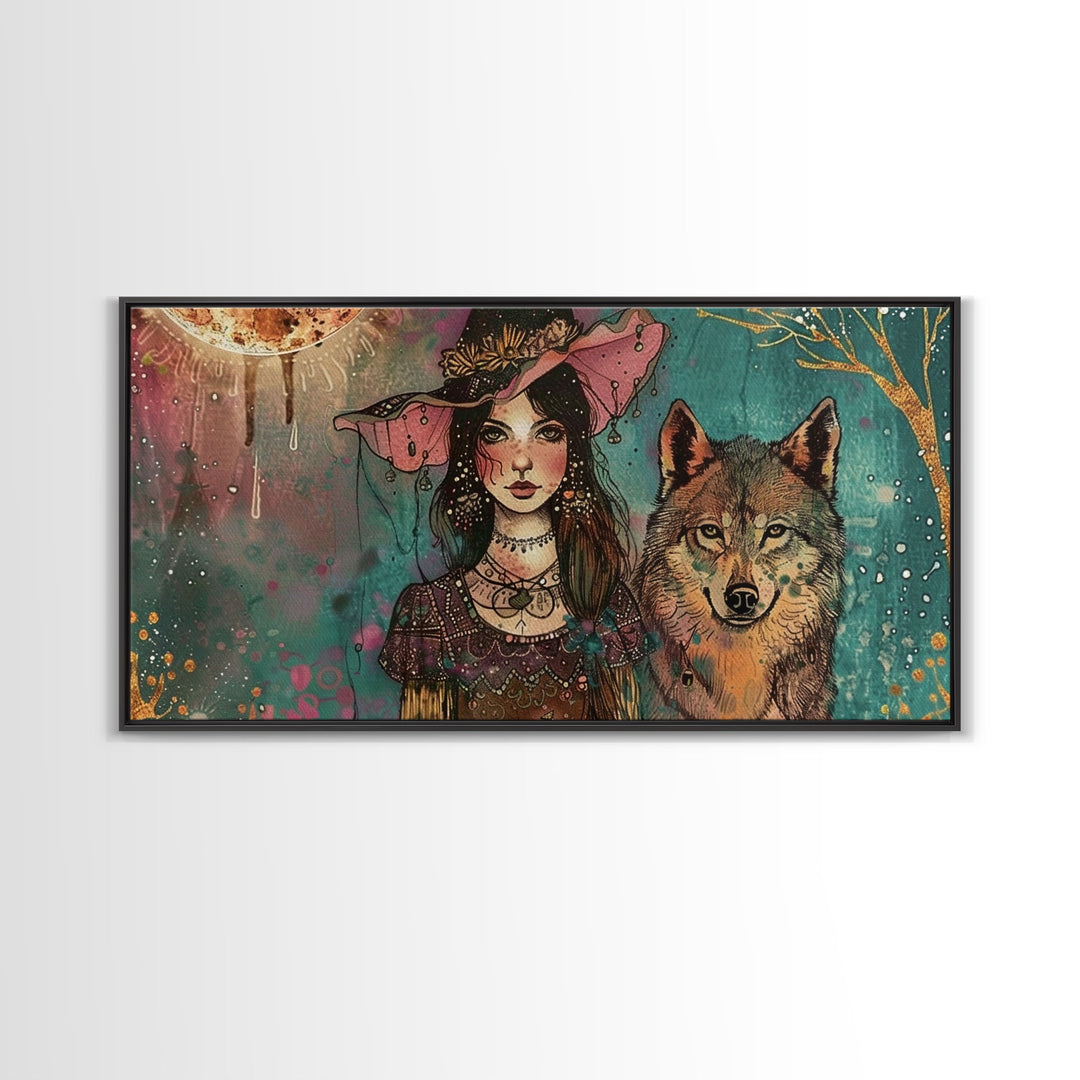 The Witch and The Wolf Familiar, Framed Canvas Print, Halloween Gift, Halloween Props, Halloween Wall Art