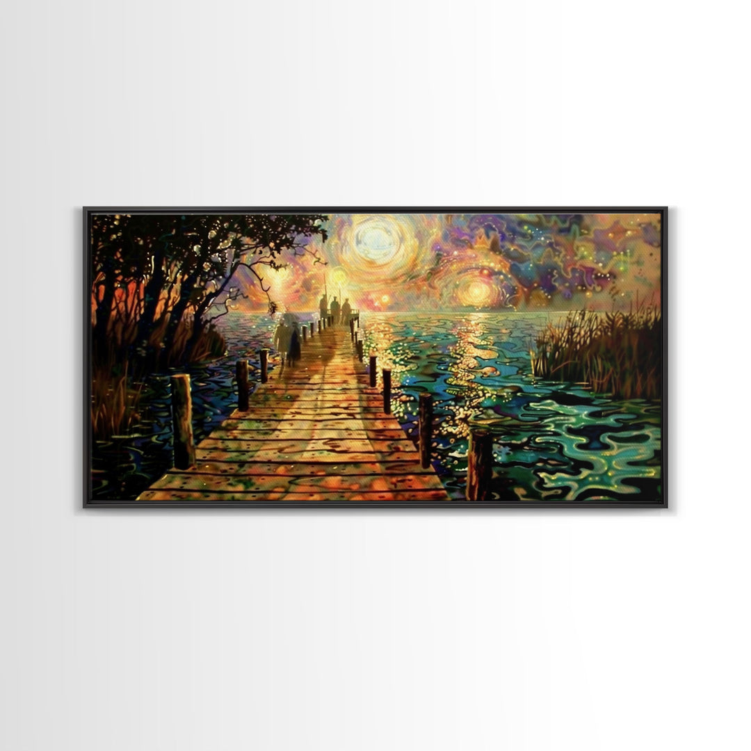 Starry Night Inspired Haunted Ghostly Docks At Night, Framed Canvas Print, Halloween Decor