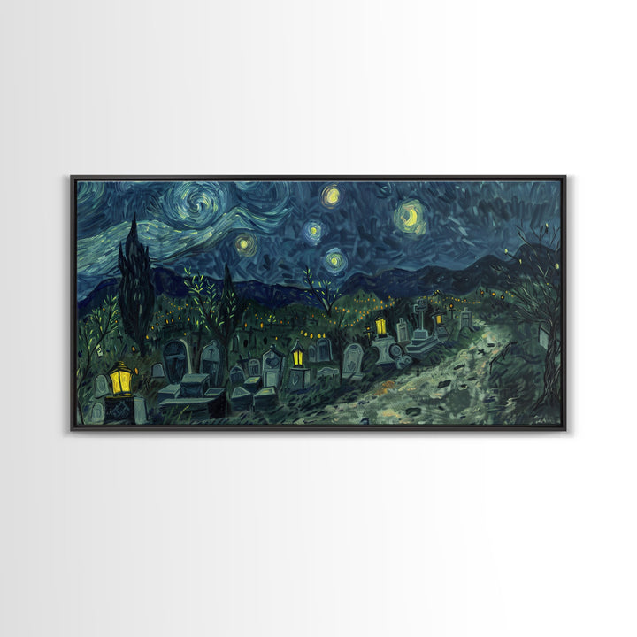 Starry Night Inspired Haunted Cemetery, Framed Canvas Print, Spooky Season Gift Idea, Halloween Decor, Halloween Prop