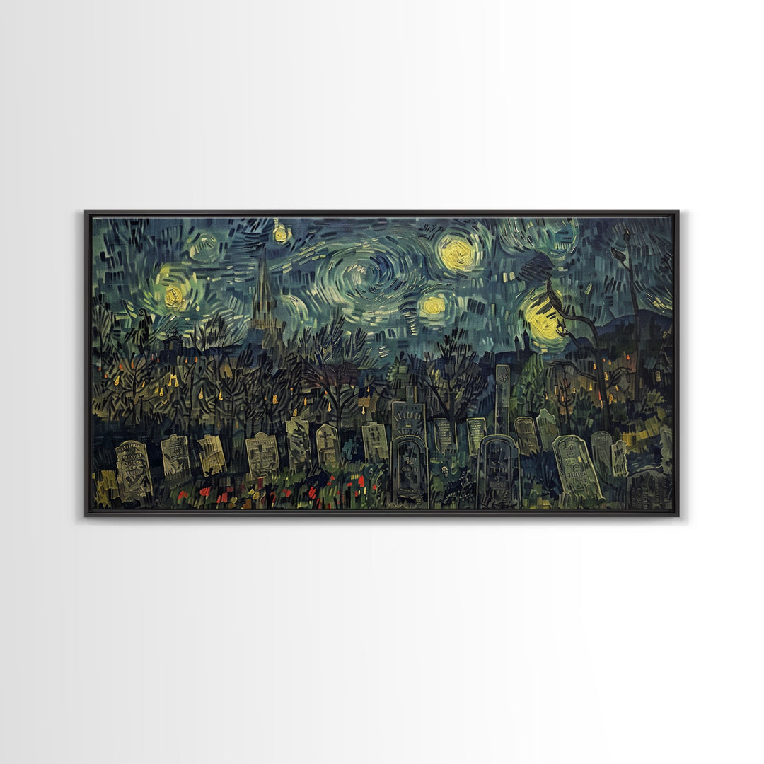 Starry Night Inspired Haunted Cemetery, Framed Canvas Print, Spooky Season Gift Idea, Halloween Decor, Halloween Prop