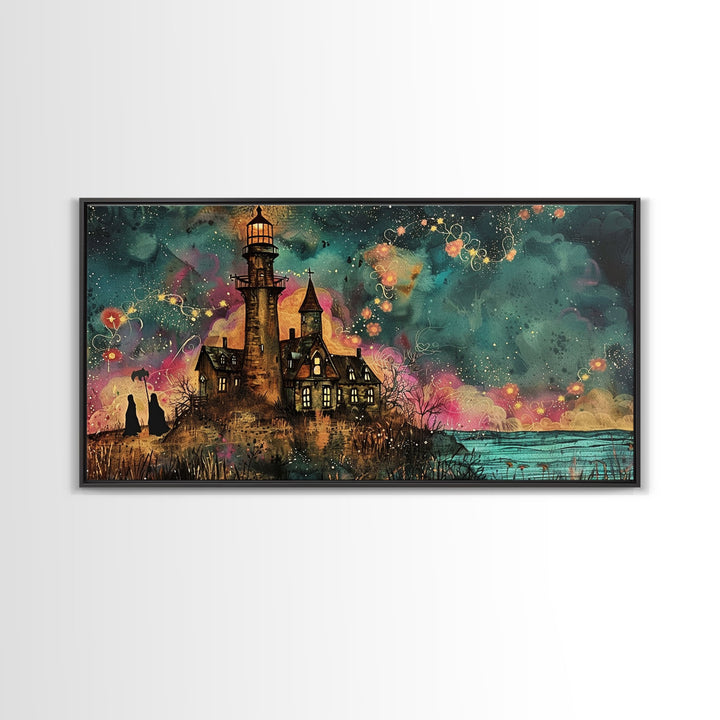 The Haunted Light House, Abstract Art, Framed Canvas Print, Original Midcentury Style Lighthouse Painting Wall Decor