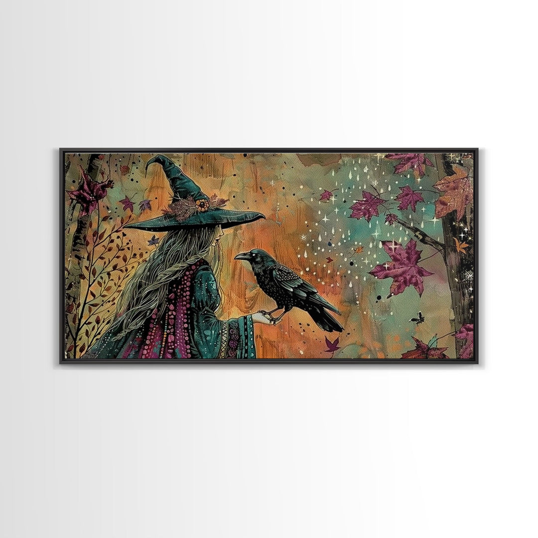 The Witch and The Raven Familiar, Framed Canvas Print, Halloween Gift, Halloween Props, Halloween Wall Art