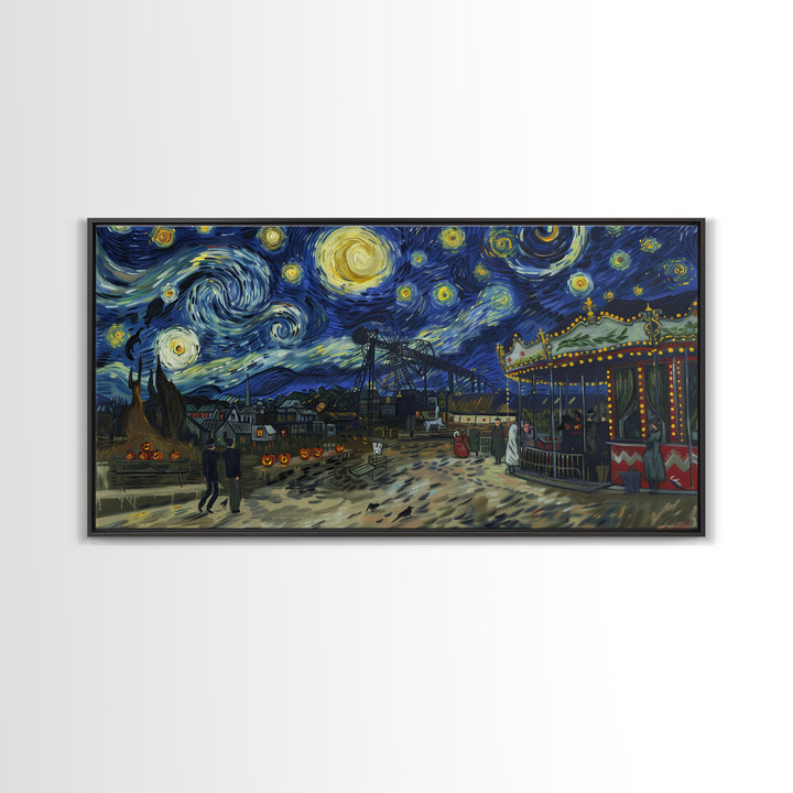 Spooky Haunted Carnival, Framed Canvas Print, Starry Night Inspired Spooky Season Wall Art, Halloween Prop