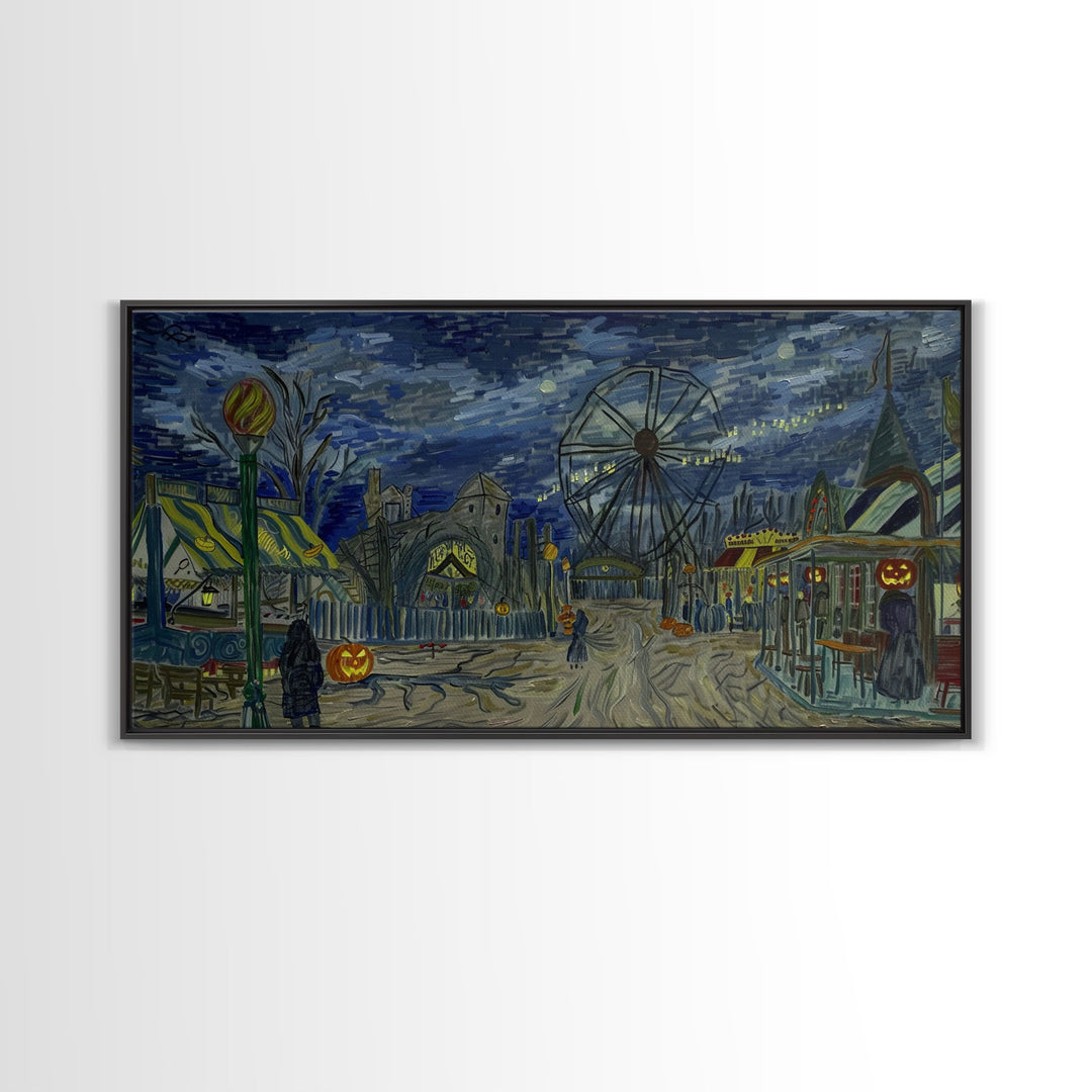 Spooky Haunted Carnival, Framed Canvas Print, Starry Night Inspired Spooky Season Wall Art, Halloween Prop