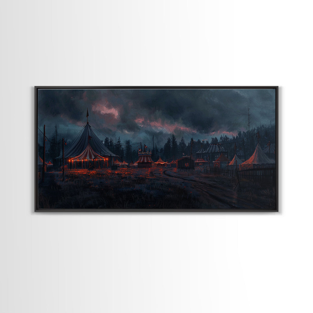 Spooky Haunted Carnival, Framed Canvas Print, Dark Academia Wood Framed Art, Halloween Decor, Spooky Vibes