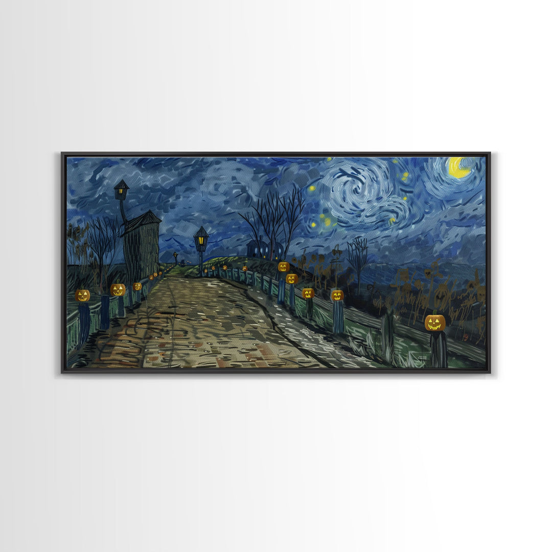 The Haunted Bridge, Framed Canvas Print, Spooky Home Decor, Starry Night Inspired