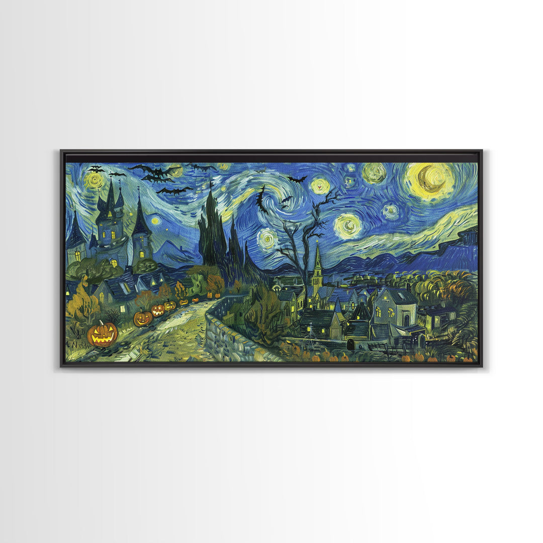 Spook Vibes Wall Art - Framed Canvas Print - Victorian Era London Starry Night Inspired Spooky Month Decor