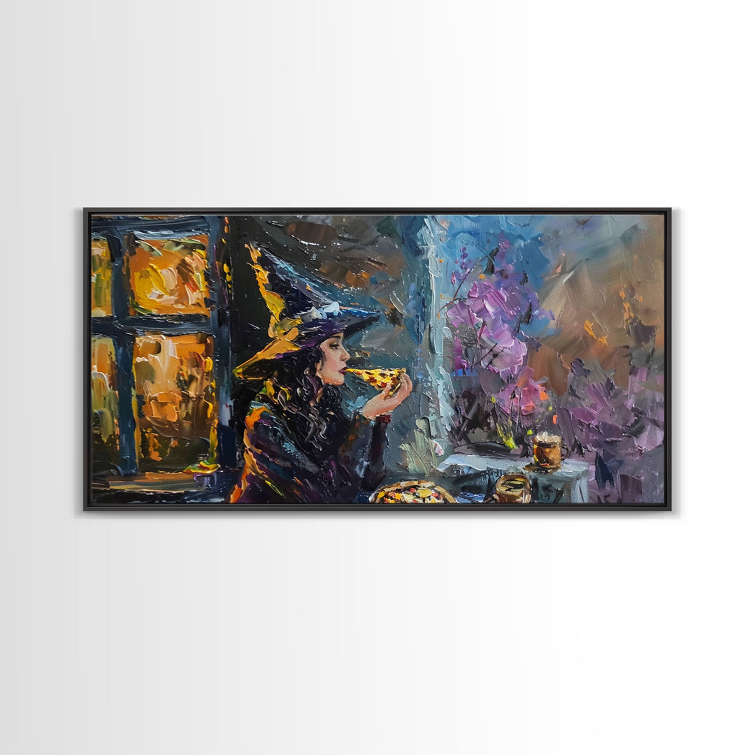 Time For Some Pizza, Witch Havin' a slice of Pizza, Framed Canvas Print, Funny Halloween Art