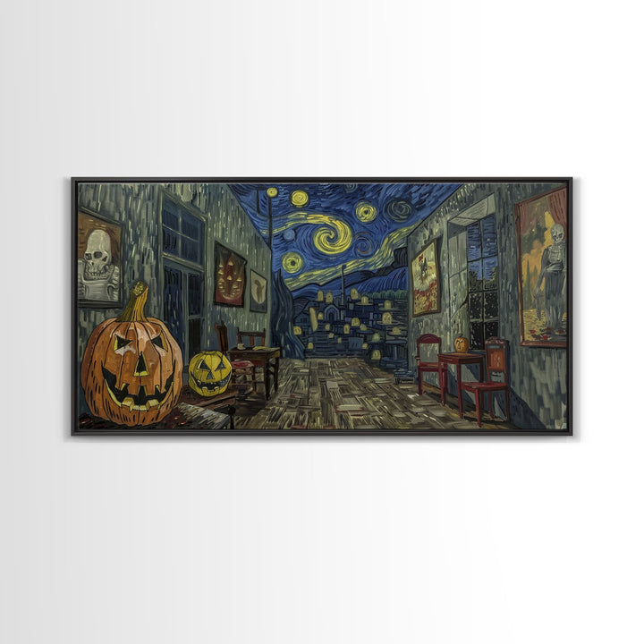 Starry Night Inspired Halloween Decor, Framed Canvas Print, Haunted Grave Yard