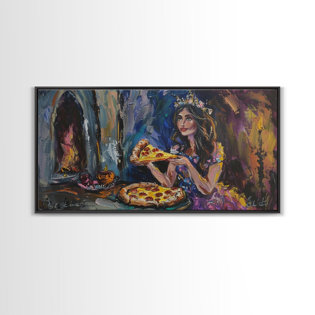 The Princess and the Pizza, Framed Canvas Print, Funny Decor, Funny Art