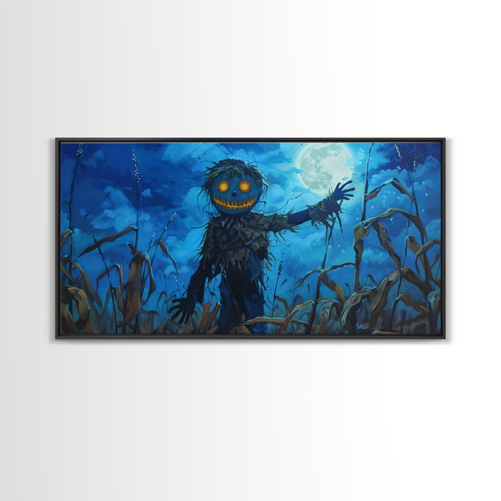 Spooky Jack O' Lantern Scarecrow, Framed Canvas Print, Dark Academia, Halloween Decor, Spooky Season Wall Art