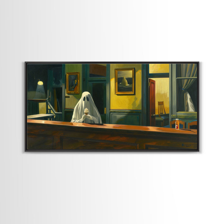 The Haunted Diner, Ghost Having an ice cream cone, Funny Halloween Art Framed Canvas Print