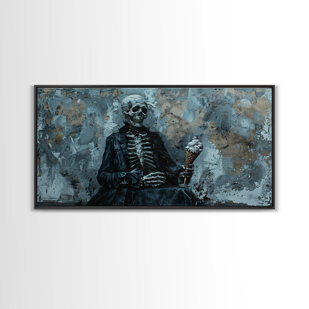 Skeleton Having an Ice Cream Cone, Macabre Wall Art, Framed Canvas Print, Spooky Halloween Art