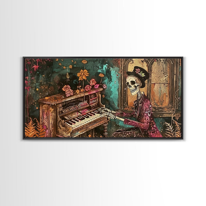 Skeleton Playing The Piano, Framed Canvas Print, Halloween Decor, Spooky Month Home Decor