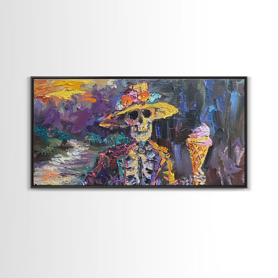 Skeleton In A Flower Hat Having an Ice Cream, Framed Canvas Print, funny Halloween Wall Art