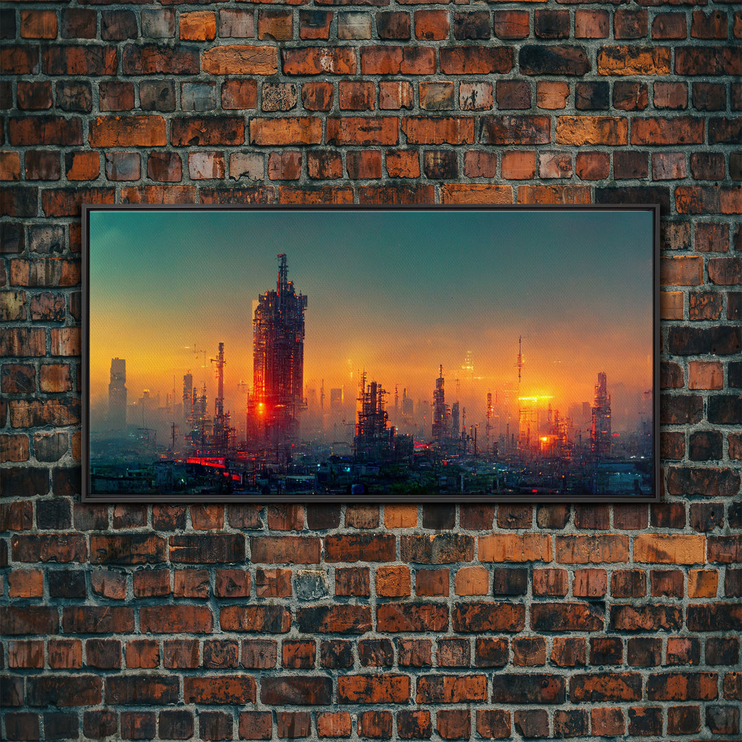 Cyberpunk city canvas art, video game concept art, living room wall art, dystopian art, outrun style city at sunset, man cave wall art