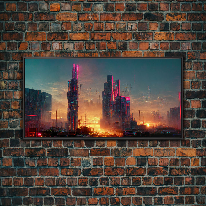 Cyberpunk city canvas, video game concept art, living room wall art, dystopian art, outrun style city at sunset, man cave art canvas print