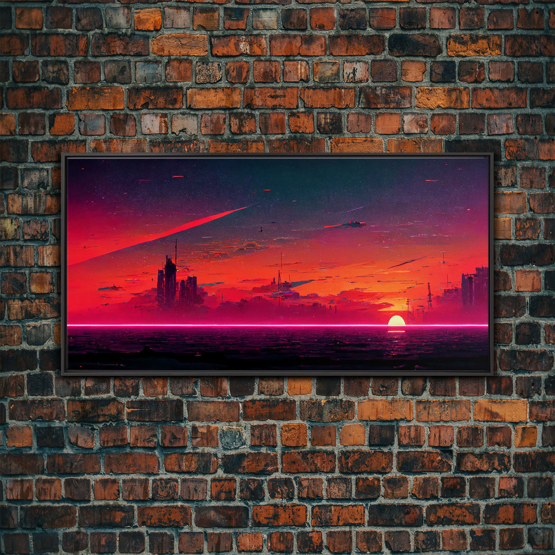 Cyberpunk lake art, city canvas, video game concept art, living room wall art, dystopian art, outrun city at sunset, man cave canvas print