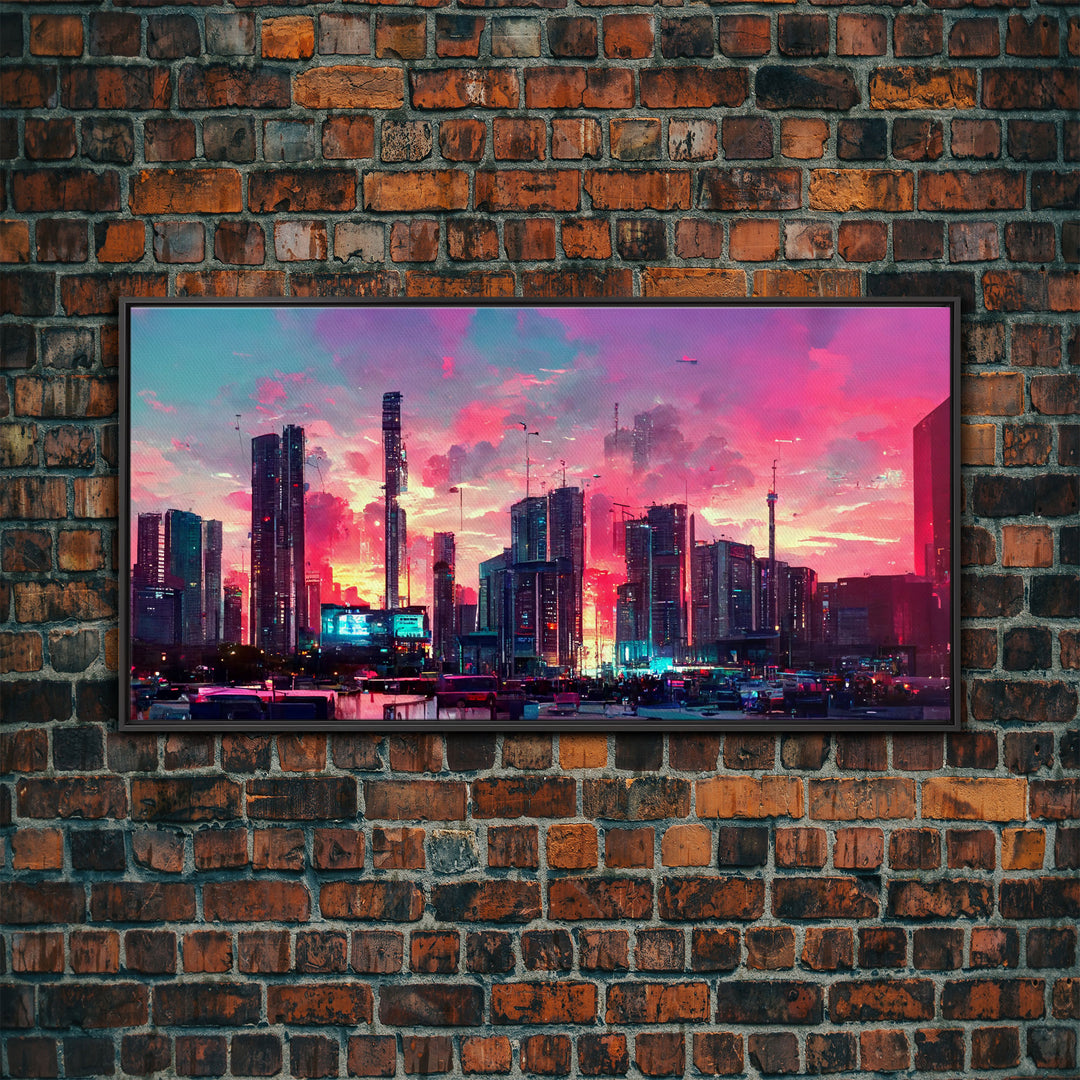 Cyber punk city skyline canvas print, outrun sunset, synthwave, vapor wave, dystopian city at sun set, mancave wall art, video game concept