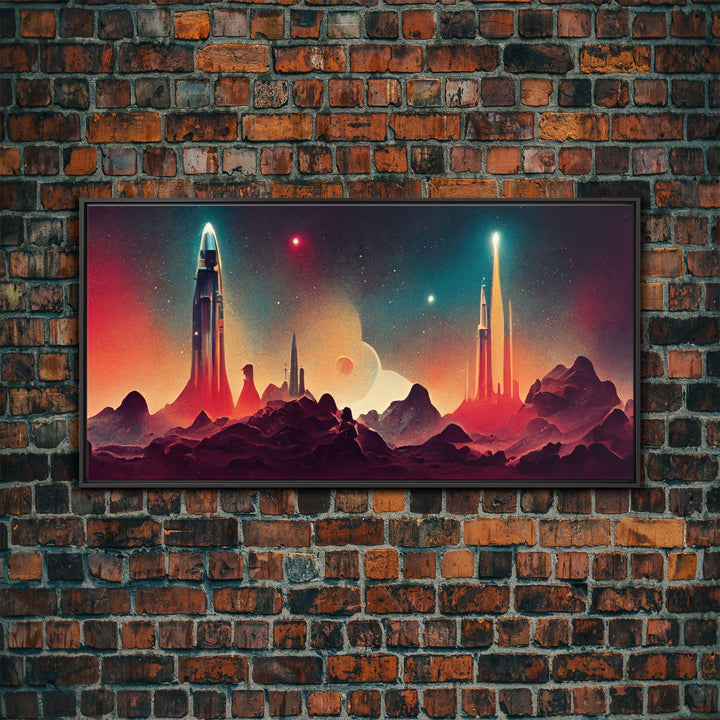 Art deco style space canvas print, space ship art, space art, outrun style, sci-fi themed art print, science fiction wall art