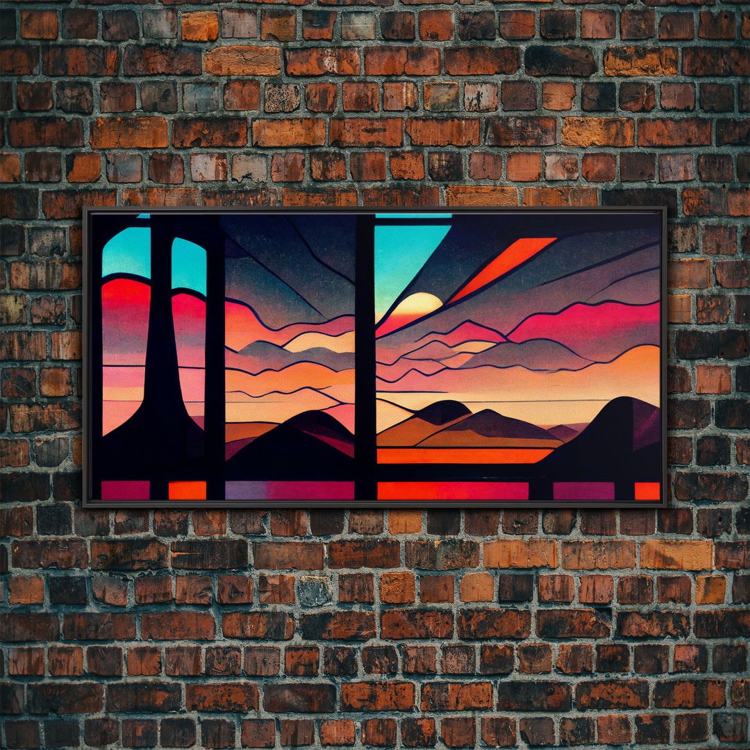 Pueblo style art deco sunset canvas print, outrun, colorful art, desert art, living room wall art, stained glass look, Arizona style art