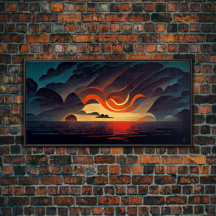 Abstract art deco sunset canvas print, sunset over the vast ocean, living room art